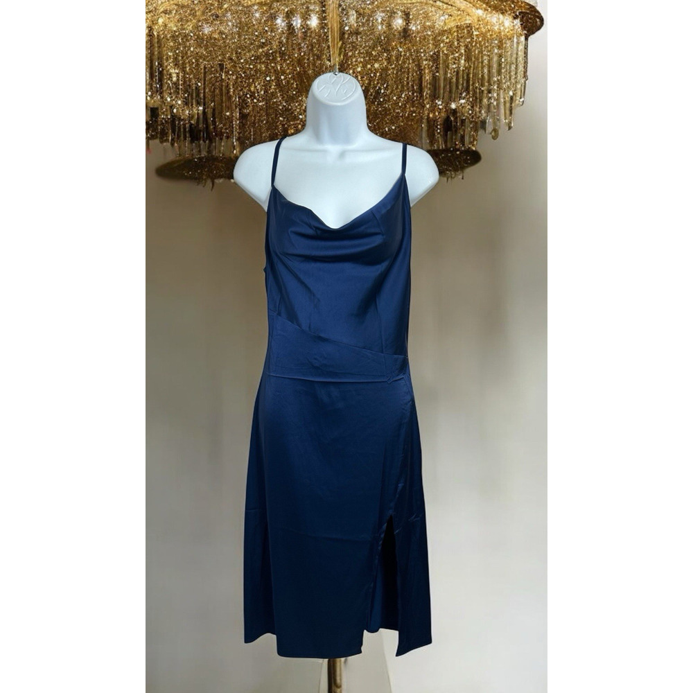 Blue Slip Dress Sz Small Midi Satiny Cowl Neck Spaghetti Adjustable Straps NEW